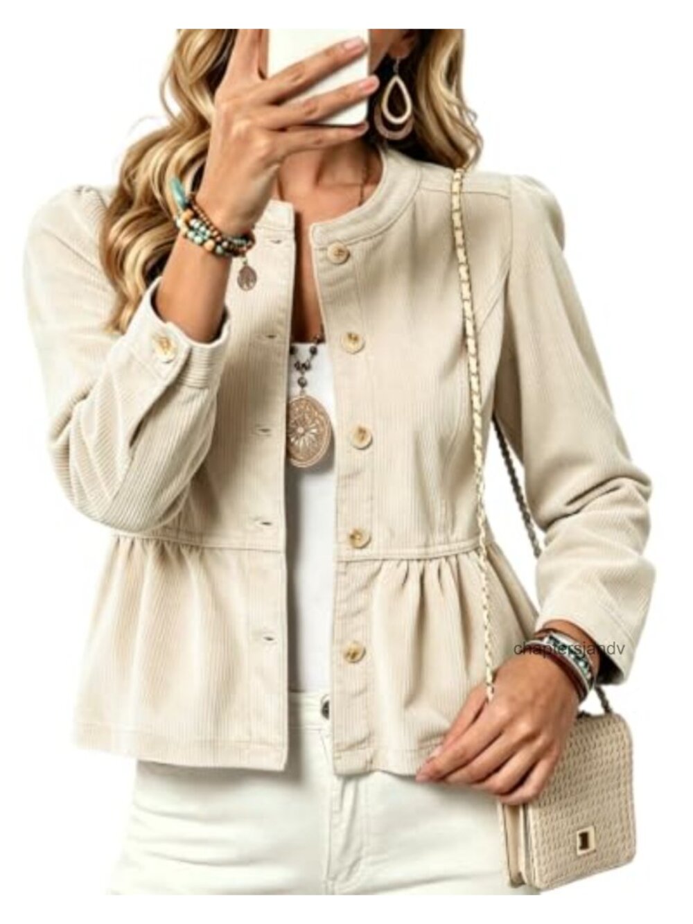 Cropped Corduroy Peplum Jacket Button Front Puff Sleeve Casual Fall Layer